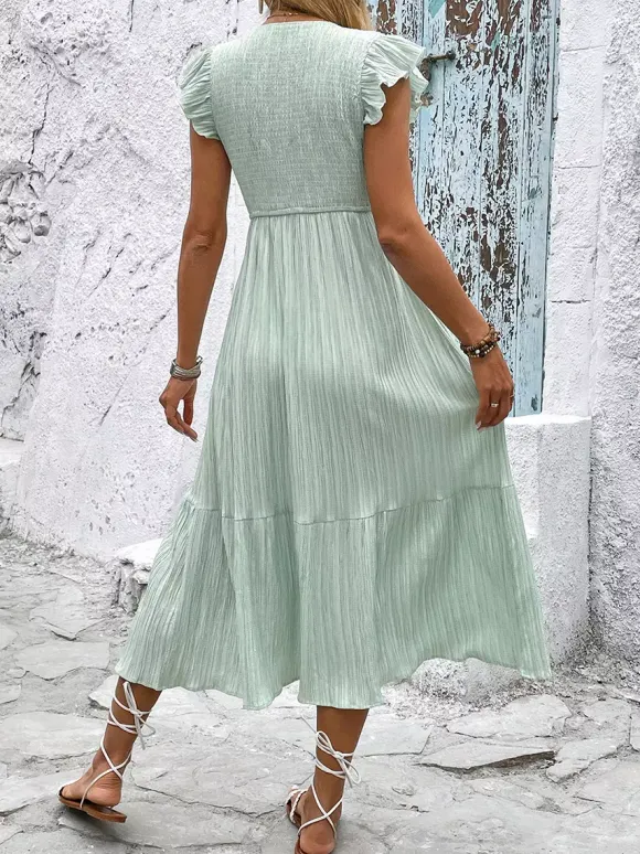 Robe midi vert sauge pour femme - Robe trapèze à volants manches papillon boutons smockés sur le devant - Idéale pour les vacances d'été à la plage 2026