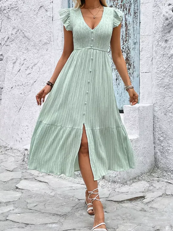 Robe midi vert sauge pour femme - Robe trapèze à volants manches papillon boutons smockés sur le devant - Idéale pour les vacances d'été à la plage 2026