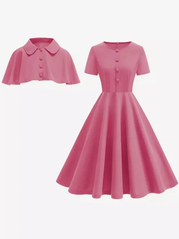 Robe midi vintage années 50 avec cape pour femme coupe trapèze style patineuse - Idéale pour une soirée rétro d'été 2026