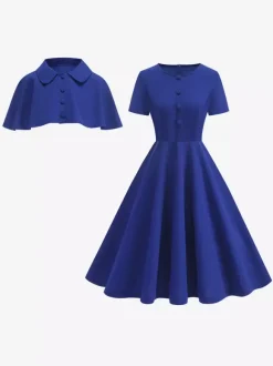 Robe midi vintage années 50 avec cape pour femme coupe trapèze style patineuse - Idéale pour une soirée rétro d'été 2026