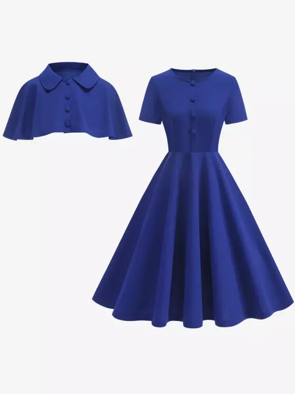 Robe midi vintage années 50 avec cape pour femme coupe trapèze style patineuse - Idéale pour une soirée rétro d'été 2026