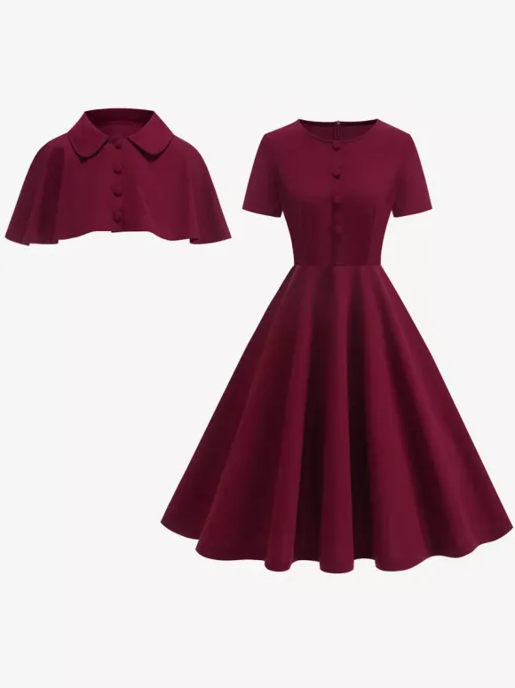Robe midi vintage années 50 avec cape pour femme coupe trapèze style patineuse - Idéale pour une soirée rétro d'été 2026