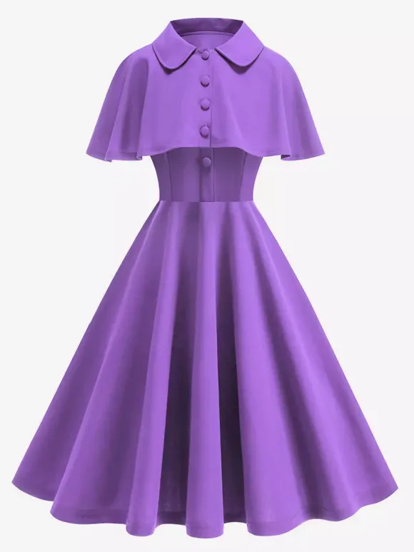 Robe midi vintage années 50 avec cape pour femme coupe trapèze style patineuse - Idéale pour une soirée rétro d'été 2026