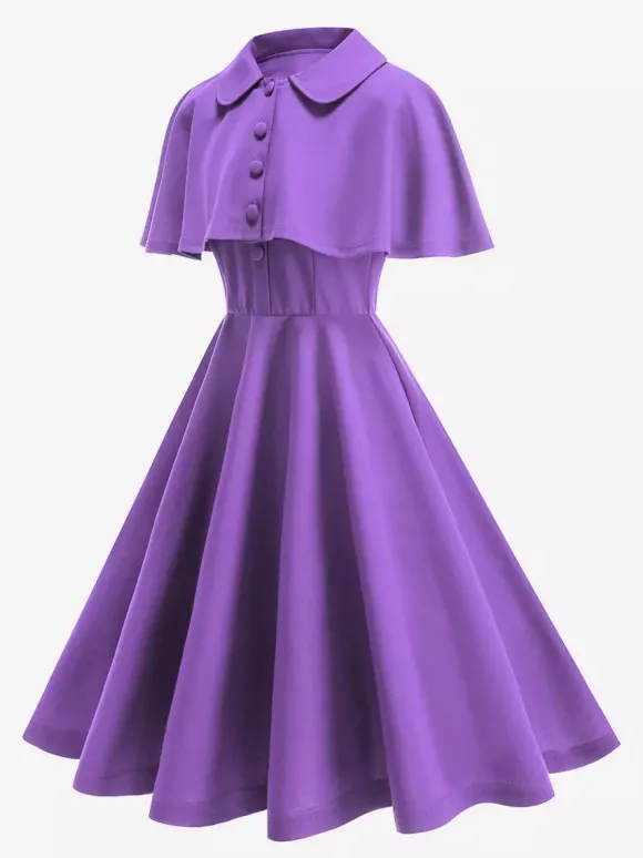 Robe midi vintage années 50 avec cape pour femme coupe trapèze style patineuse - Idéale pour une soirée rétro d'été 2026