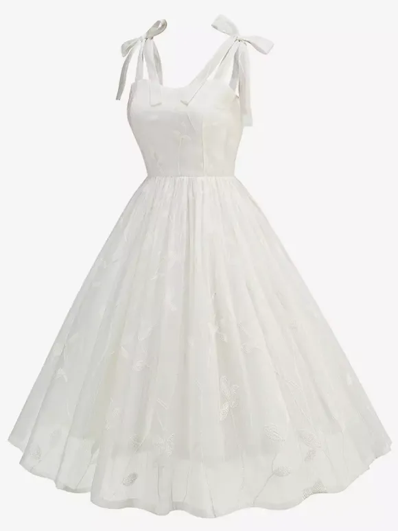 Robe midi vintage années 50 à broderies florales pour femme - Robe d'été trapèze à épaules nouées style cottagecore - Idéale pour une invitée à un mariage d'été 2026