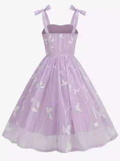 Robe midi vintage années 50 à broderies florales pour femme - Robe d'été trapèze à épaules nouées style cottagecore - Idéale pour une invitée à un mariage d'été 2026