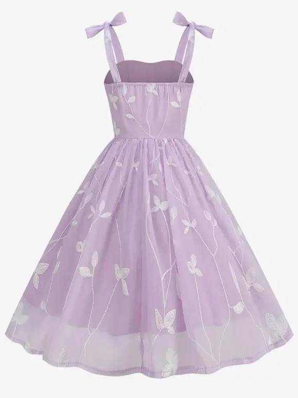 Robe midi vintage années 50 à broderies florales pour femme - Robe d'été trapèze à épaules nouées style cottagecore - Idéale pour une invitée à un mariage d'été 2026
