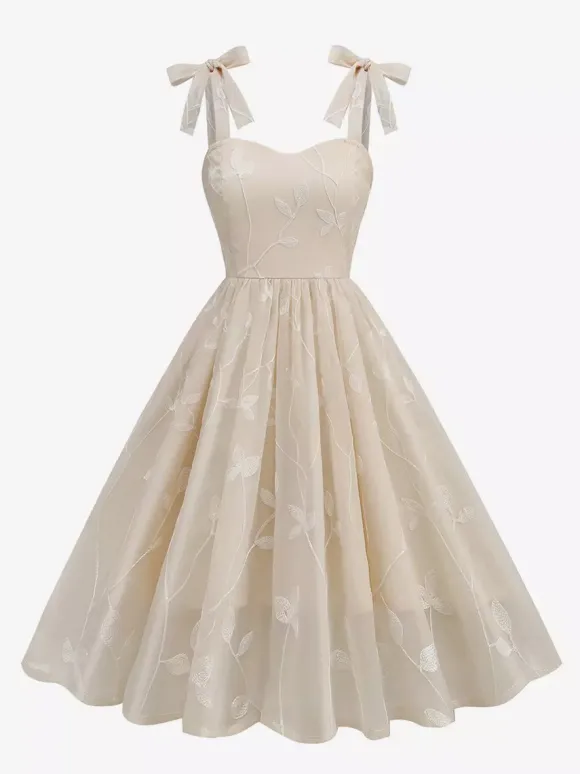 Robe midi vintage années 50 à broderies florales pour femme - Robe d'été trapèze à épaules nouées style cottagecore - Idéale pour une invitée à un mariage d'été 2026