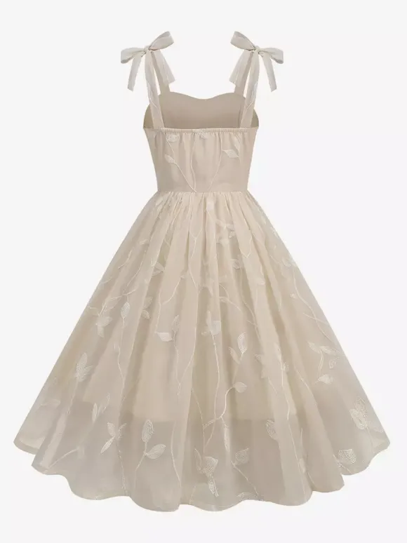 Robe midi vintage années 50 à broderies florales pour femme - Robe d'été trapèze à épaules nouées style cottagecore - Idéale pour une invitée à un mariage d'été 2026