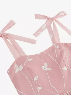 Robe midi vintage années 50 à broderies florales pour femme - Robe d'été trapèze à épaules nouées style cottagecore - Idéale pour une invitée à un mariage d'été 2026