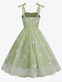 Robe midi vintage années 50 à broderies florales pour femme - Robe d'été trapèze à épaules nouées style cottagecore - Idéale pour une invitée à un mariage d'été 2026