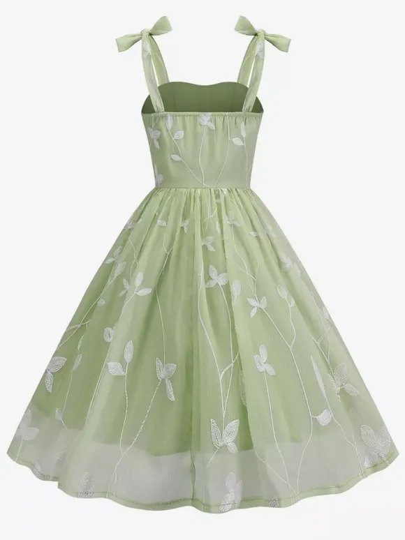 Robe midi vintage années 50 à broderies florales pour femme - Robe d'été trapèze à épaules nouées style cottagecore - Idéale pour une invitée à un mariage d'été 2026