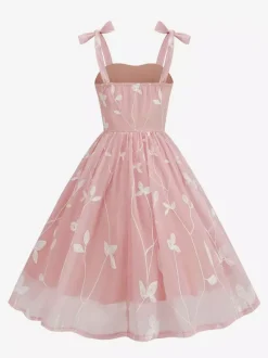 Robe midi vintage années 50 à broderies florales pour femme - Robe d'été trapèze à épaules nouées style cottagecore - Idéale pour une invitée à un mariage d'été 2026