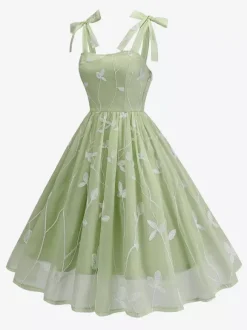 Robe midi vintage années 50 à broderies florales pour femme - Robe d'été trapèze à épaules nouées style cottagecore - Idéale pour une invitée à un mariage d'été 2026