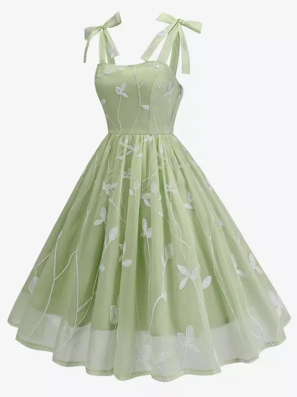 Robe midi vintage années 50 à broderies florales pour femme - Robe d'été trapèze à épaules nouées style cottagecore - Idéale pour une invitée à un mariage d'été 2026