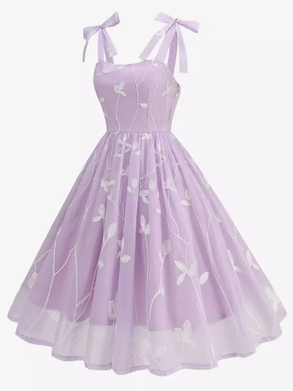Robe midi vintage années 50 à broderies florales pour femme - Robe d'été trapèze à épaules nouées style cottagecore - Idéale pour une invitée à un mariage d'été 2026