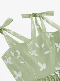 Robe midi vintage années 50 à broderies florales pour femme - Robe d'été trapèze à épaules nouées style cottagecore - Idéale pour une invitée à un mariage d'été 2026