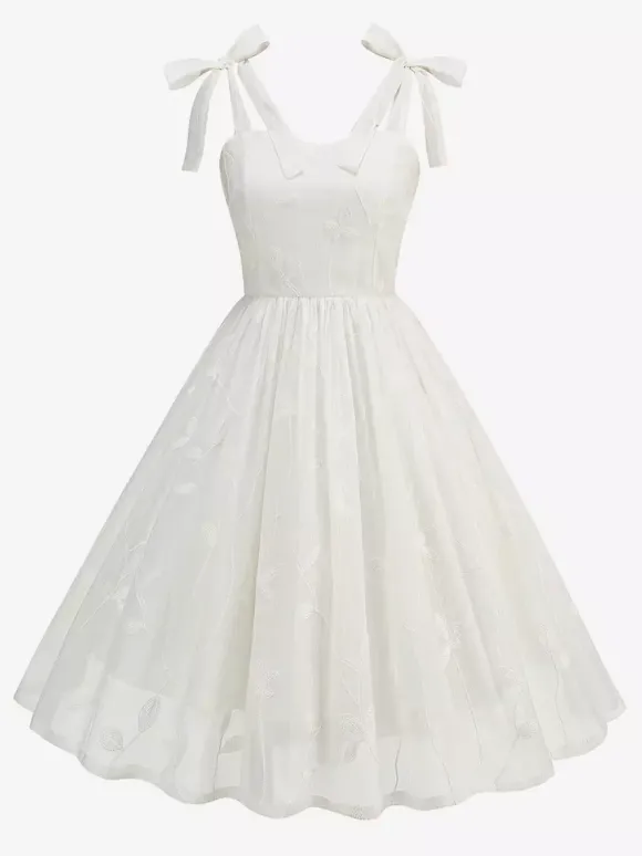 Robe midi vintage années 50 à broderies florales pour femme - Robe d'été trapèze à épaules nouées style cottagecore - Idéale pour une invitée à un mariage d'été 2026