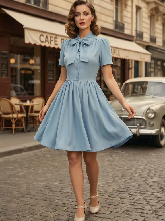 Robe midi vintage années 1950 pour femme - Col n艙ud manches courtes coupe évasée style rockabilly - Idéale pour une garden-party (2026)