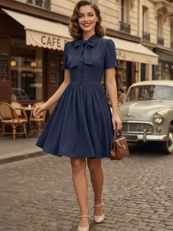Robe midi vintage années 1950 pour femme - Col n艙ud manches courtes coupe évasée style rockabilly - Idéale pour une garden-party (2026)