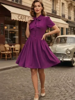 Robe midi vintage années 1950 pour femme - Col n艙ud manches courtes coupe évasée style rockabilly - Idéale pour une garden-party (2026)