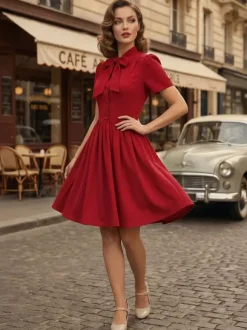 Robe midi vintage années 1950 pour femme - Col n艙ud manches courtes coupe évasée style rockabilly - Idéale pour une garden-party (2026)