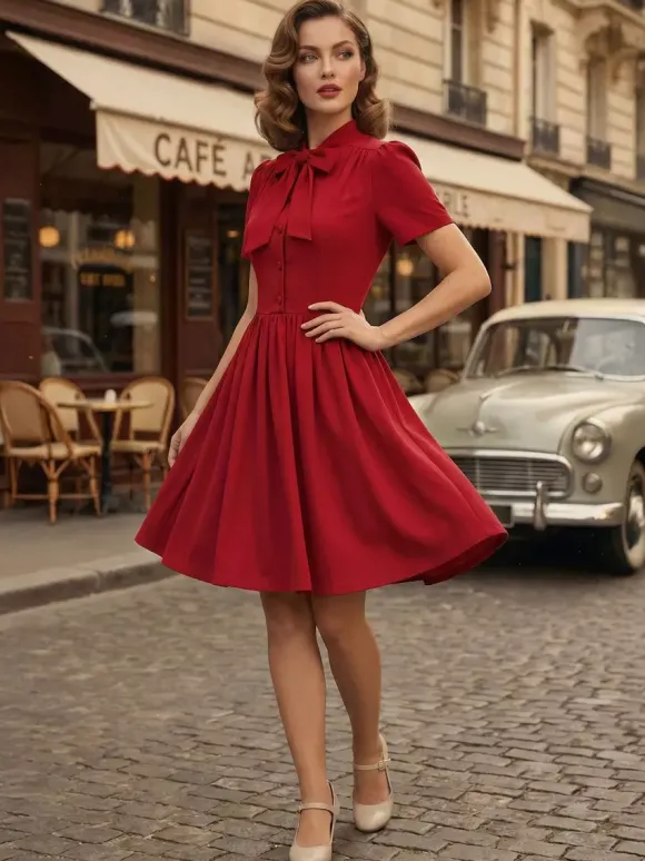 Robe midi vintage années 1950 pour femme - Col n艙ud manches courtes coupe évasée style rockabilly - Idéale pour une garden-party (2026)