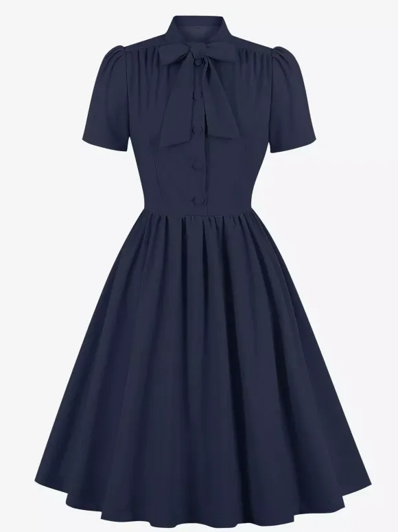 Robe midi vintage années 1950 pour femme - Col n艙ud manches courtes coupe évasée style rockabilly - Idéale pour une garden-party (2026)