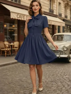 Robe midi vintage années 1950 pour femme - Col n艙ud manches courtes coupe évasée style rockabilly - Idéale pour une garden-party (2026)