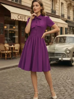Robe midi vintage années 1950 pour femme - Col n艙ud manches courtes coupe évasée style rockabilly - Idéale pour une garden-party (2026)