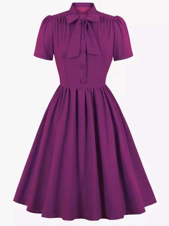 Robe midi vintage années 1950 pour femme - Col n艙ud manches courtes coupe évasée style rockabilly - Idéale pour une garden-party (2026)