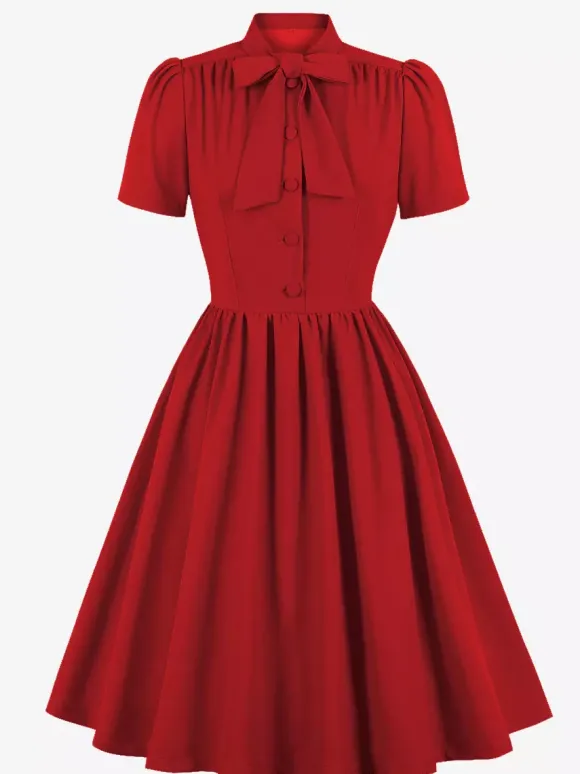 Robe midi vintage années 1950 pour femme - Col n艙ud manches courtes coupe évasée style rockabilly - Idéale pour une garden-party (2026)