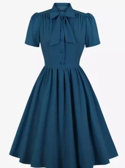 Robe midi vintage années 1950 pour femme - Col n艙ud manches courtes coupe évasée style rockabilly - Idéale pour une garden-party (2026)
