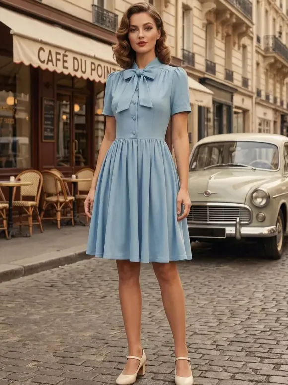 Robe midi vintage années 1950 pour femme - Col n艙ud manches courtes coupe évasée style rockabilly - Idéale pour une garden-party (2026)