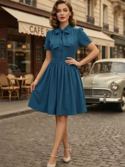 Robe midi vintage années 1950 pour femme - Col n艙ud manches courtes coupe évasée style rockabilly - Idéale pour une garden-party (2026)