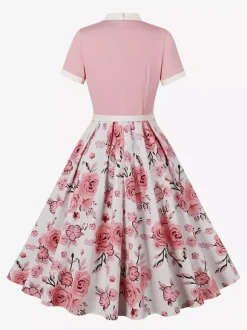 Robe midi vintage années 1950 pour femme - Robe trapèze imprimée à col n艙ud papillon - Idéale pour un thé printanier (2026)