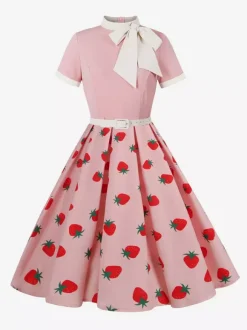Robe midi vintage années 1950 pour femme - Robe trapèze imprimée à col n艙ud papillon - Idéale pour un thé printanier (2026)
