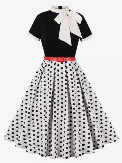 Robe midi vintage années 1950 pour femme - Robe trapèze imprimée à col n艙ud papillon - Idéale pour un thé printanier (2026)