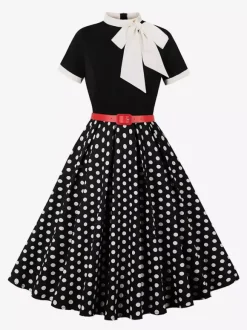Robe midi vintage années 1950 pour femme - Robe trapèze imprimée à col n艙ud papillon - Idéale pour un thé printanier (2026)