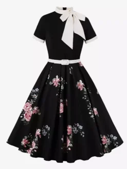 Robe midi vintage années 1950 pour femme - Robe trapèze imprimée à col n艙ud papillon - Idéale pour un thé printanier (2026)