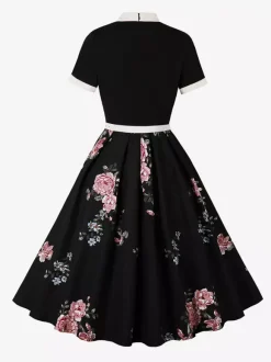 Robe midi vintage années 1950 pour femme - Robe trapèze imprimée à col n艙ud papillon - Idéale pour un thé printanier (2026)