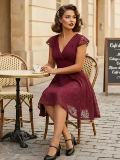 Robe midi vintage en dentelle années 1950 pour femme - Col en V manches courtes coupe trapèze robe de cocktail/bal - Tenue d'invitée de mariage 2026