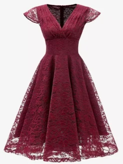 Robe midi vintage en dentelle années 1950 pour femme - Col en V manches courtes coupe trapèze robe de cocktail/bal - Tenue d'invitée de mariage 2026