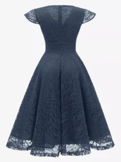 Robe midi vintage en dentelle années 1950 pour femme - Col en V manches courtes coupe trapèze robe de cocktail/bal - Tenue d'invitée de mariage 2026