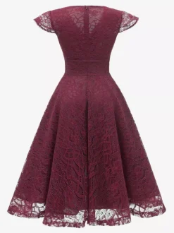 Robe midi vintage en dentelle années 1950 pour femme - Col en V manches courtes coupe trapèze robe de cocktail/bal - Tenue d'invitée de mariage 2026