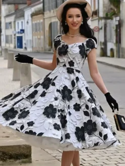 Robe midi vintage à fleurs noire et blanche coupe trapèze élégante robe de soirée