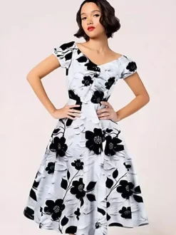Robe midi vintage à fleurs noire et blanche coupe trapèze élégante robe de soirée
