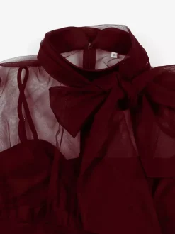 Robe midi vintage pour femme en tulle bordeaux manches longues transparentes col n艙ud coupe cintrée et évasée