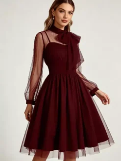 Robe midi vintage pour femme en tulle bordeaux manches longues transparentes col n艙ud coupe cintrée et évasée