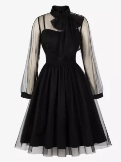 Robe midi vintage pour femme en tulle bordeaux manches longues transparentes col n艙ud coupe cintrée et évasée